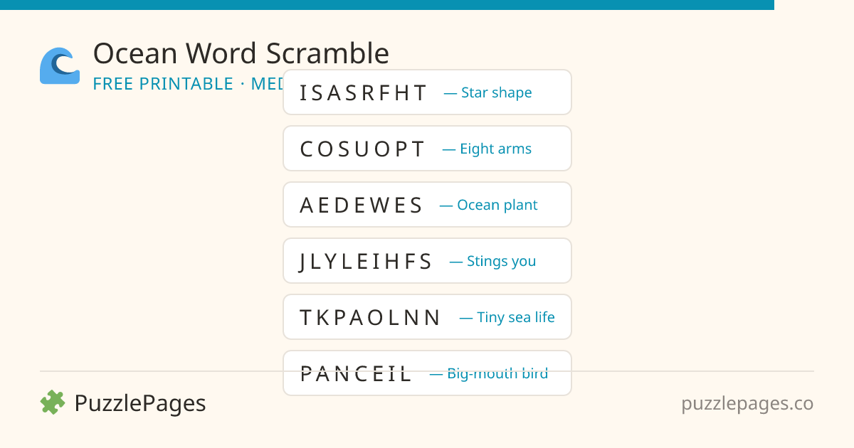 Ocean Medium printable word scramble preview — free to print from PuzzlePages