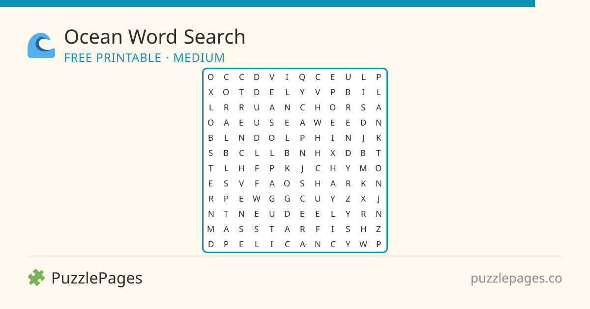 Ocean Medium printable word search preview — free to print from PuzzlePages