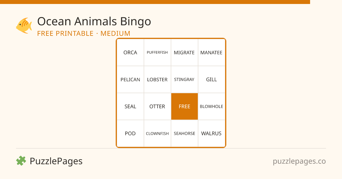 Ocean Animals Medium printable bingo preview — free to print from PuzzlePages