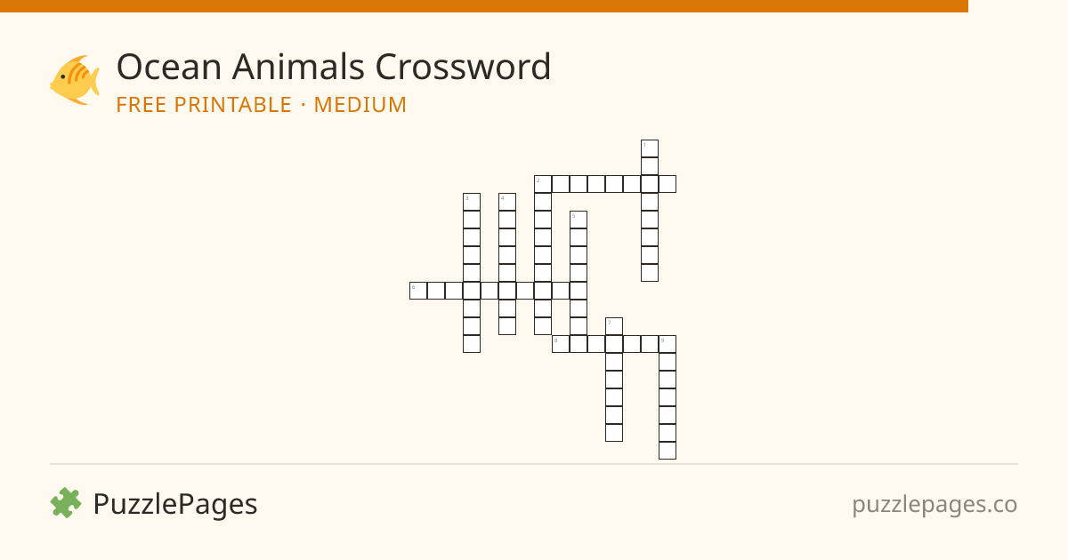 Ocean Animals Medium printable crossword preview — free to print from PuzzlePages