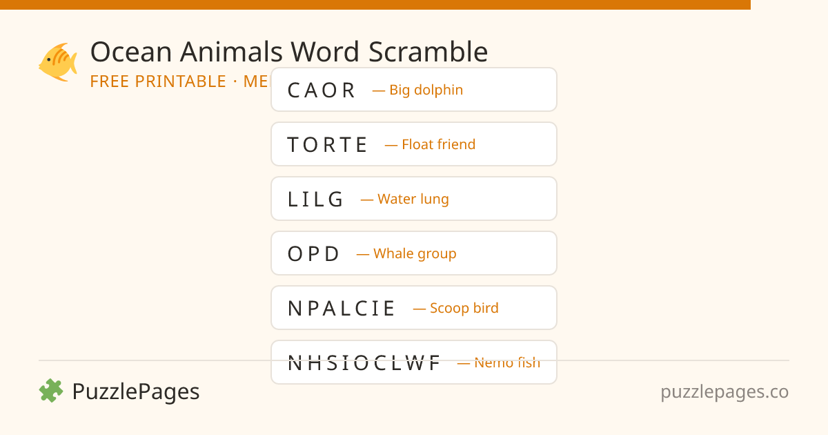 Ocean Animals Medium printable word scramble preview — free to print from PuzzlePages