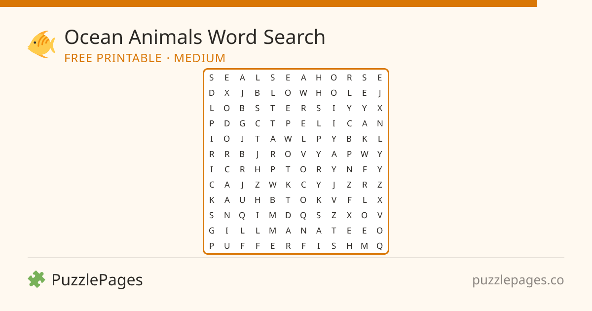Ocean Animals Medium printable word search preview — free to print from PuzzlePages