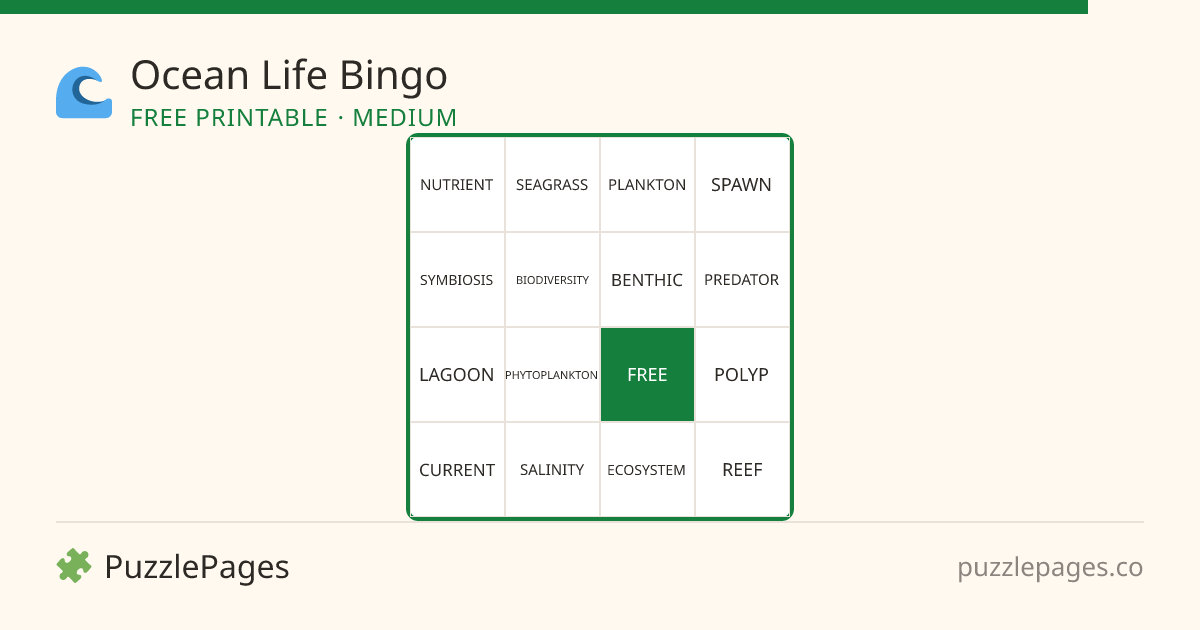Ocean Life Medium printable bingo preview — free to print from PuzzlePages