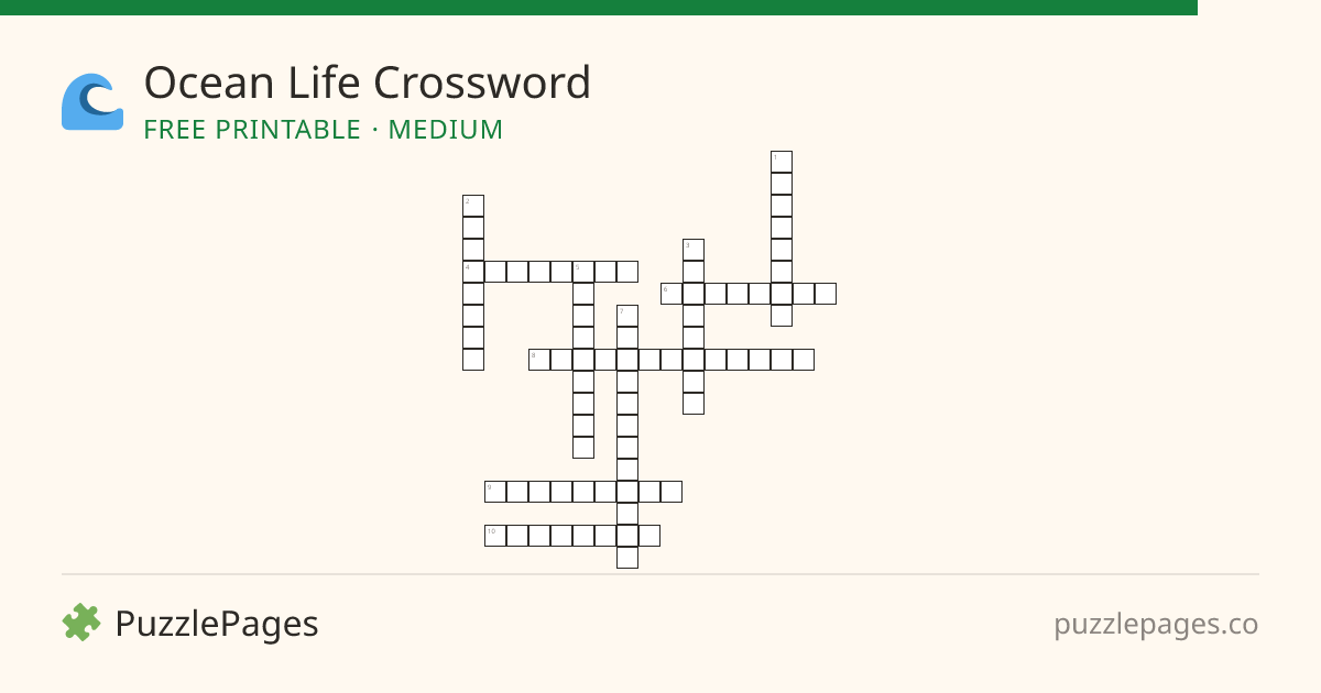 Ocean Life Medium printable crossword preview — free to print from PuzzlePages