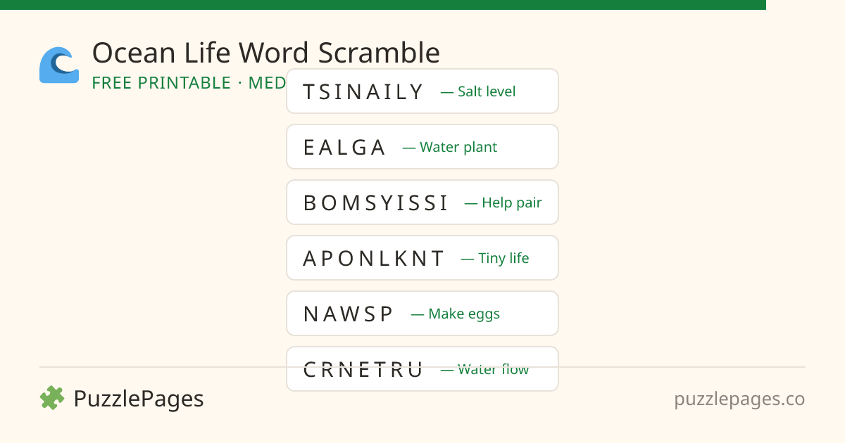Ocean Life Medium printable word scramble preview — free to print from PuzzlePages