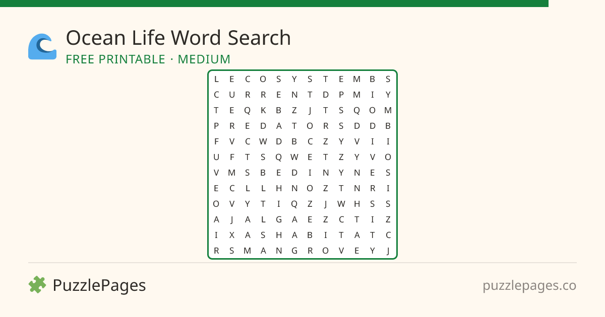 Ocean Life Medium printable word search preview — free to print from PuzzlePages