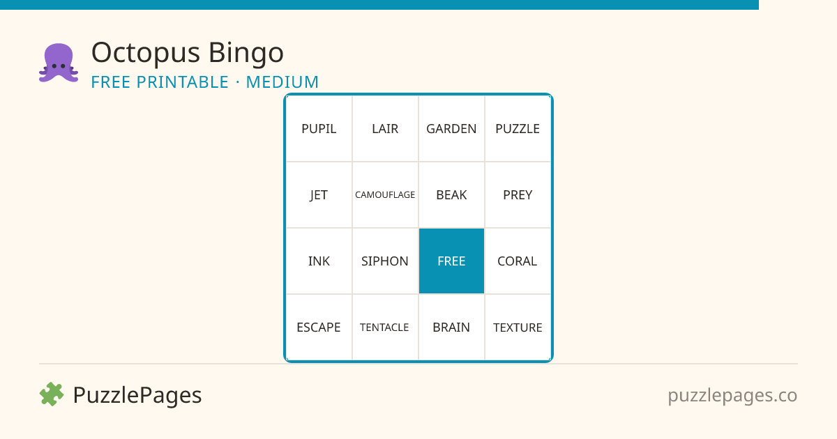 Octopus Medium printable bingo preview — free to print from PuzzlePages