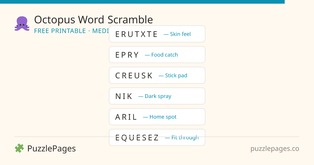 Octopus Medium printable word scramble preview — free to print from PuzzlePages