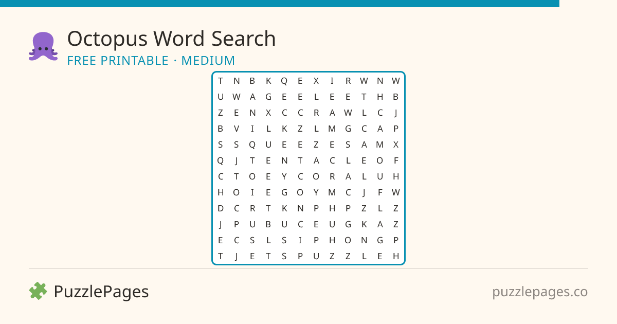 Octopus Medium printable word search preview — free to print from PuzzlePages