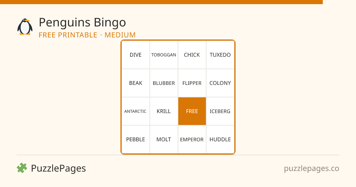 Penguins Medium printable bingo preview — free to print from PuzzlePages