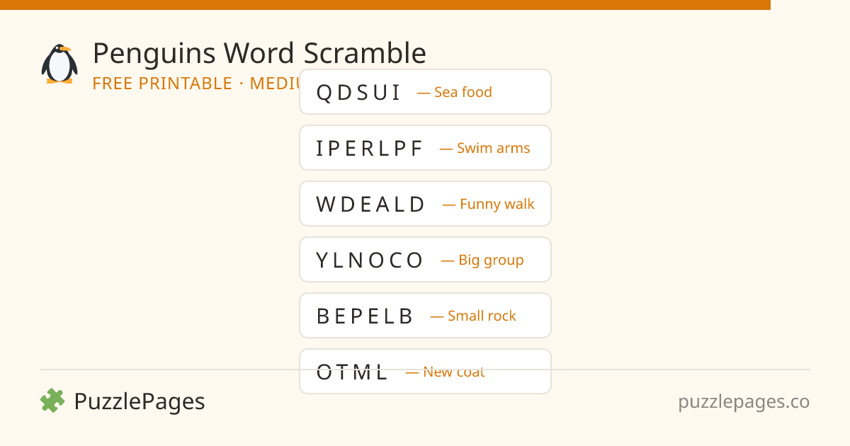 Penguins Medium printable word scramble preview — free to print from PuzzlePages