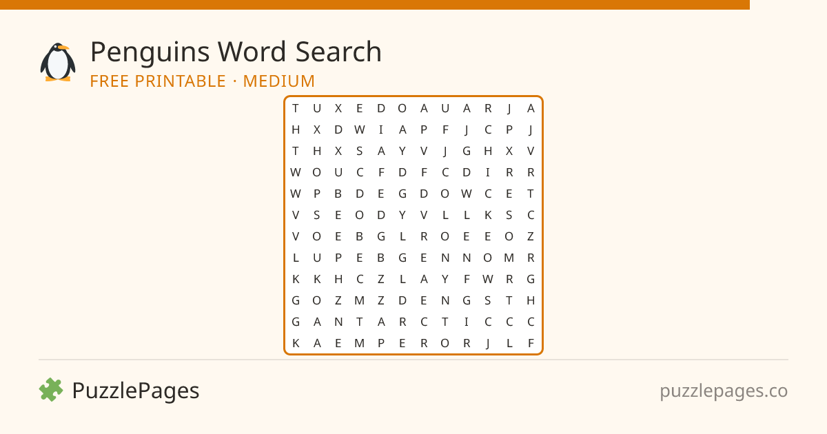 Penguins Medium printable word search preview — free to print from PuzzlePages