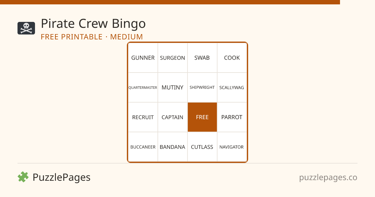 Pirate Crew Medium printable bingo preview — free to print from PuzzlePages