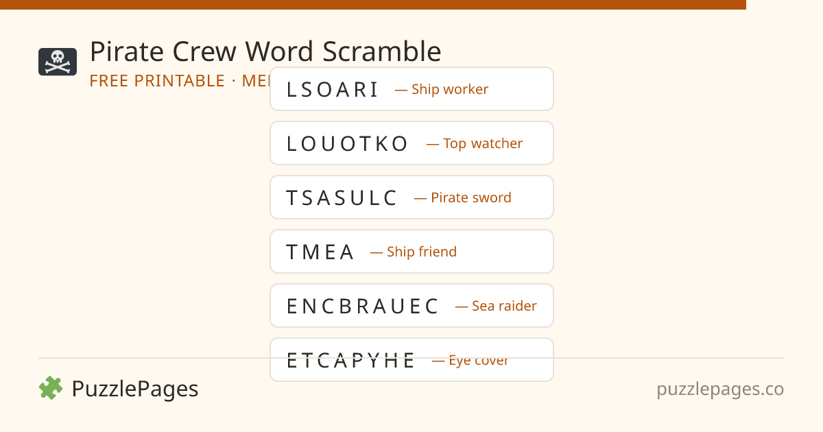 Pirate Crew Medium printable word scramble preview — free to print from PuzzlePages