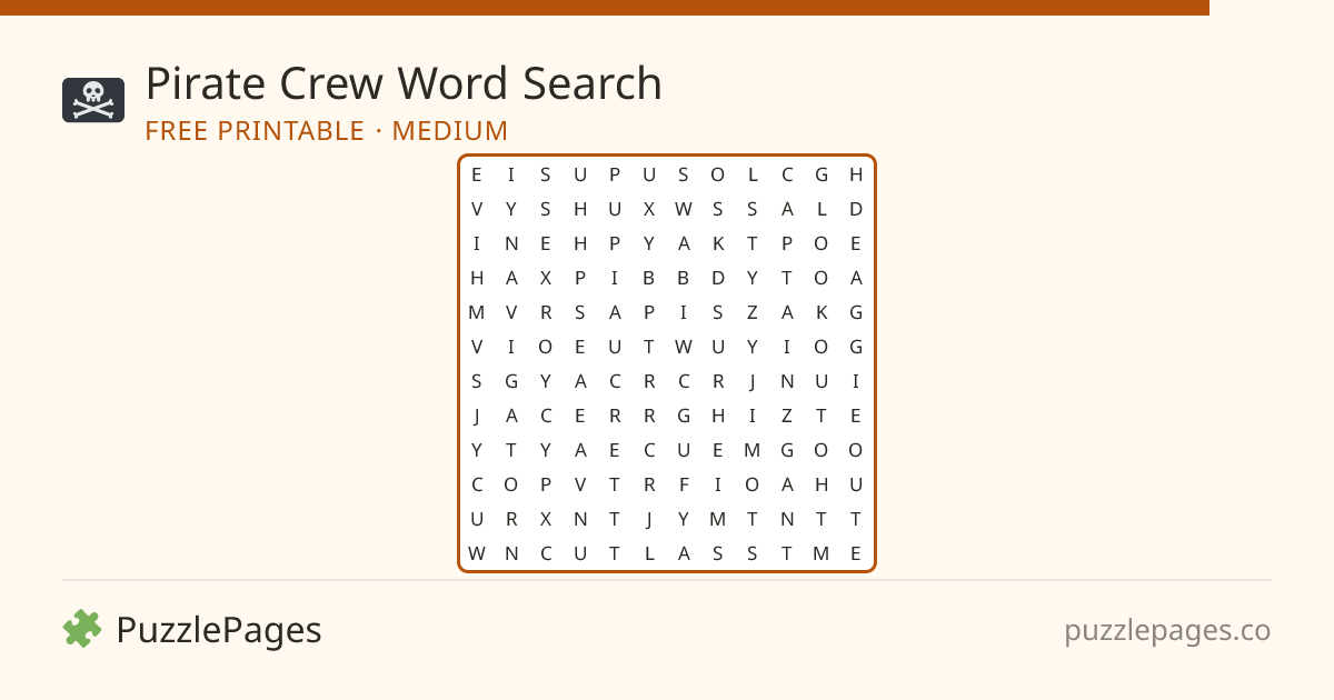 Pirate Crew Medium printable word search preview — free to print from PuzzlePages