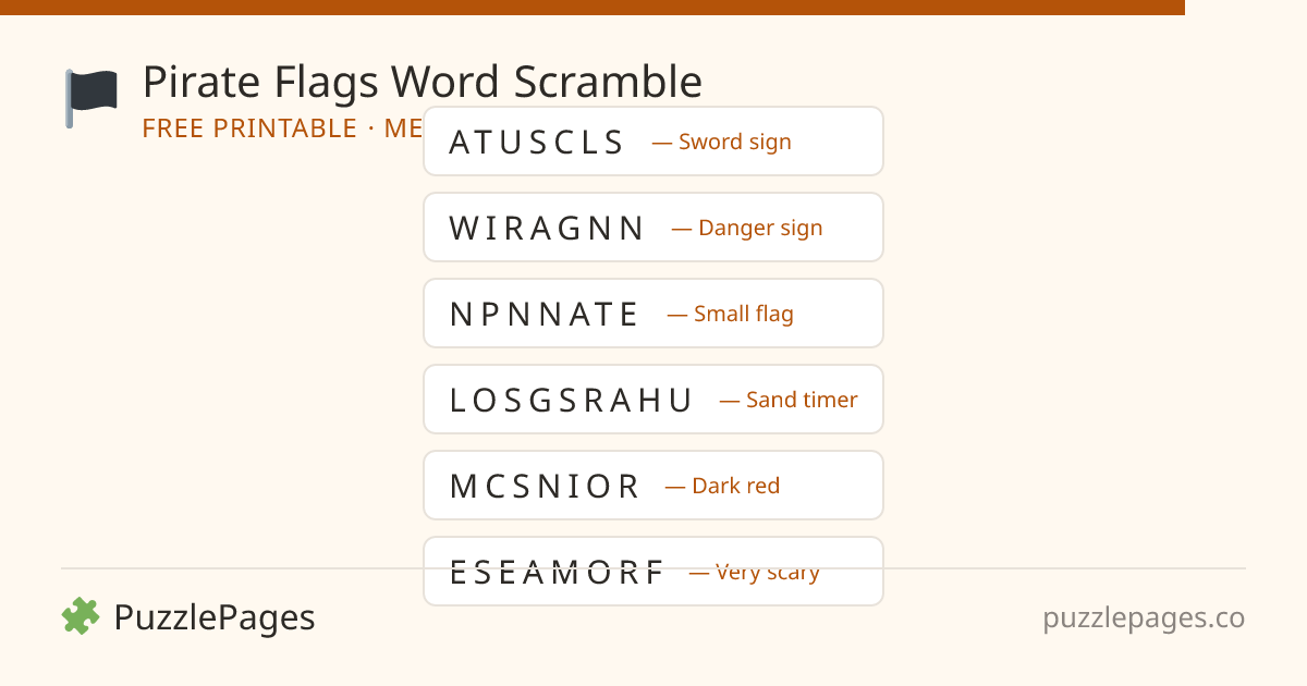 Pirate Flags Medium printable word scramble preview — free to print from PuzzlePages