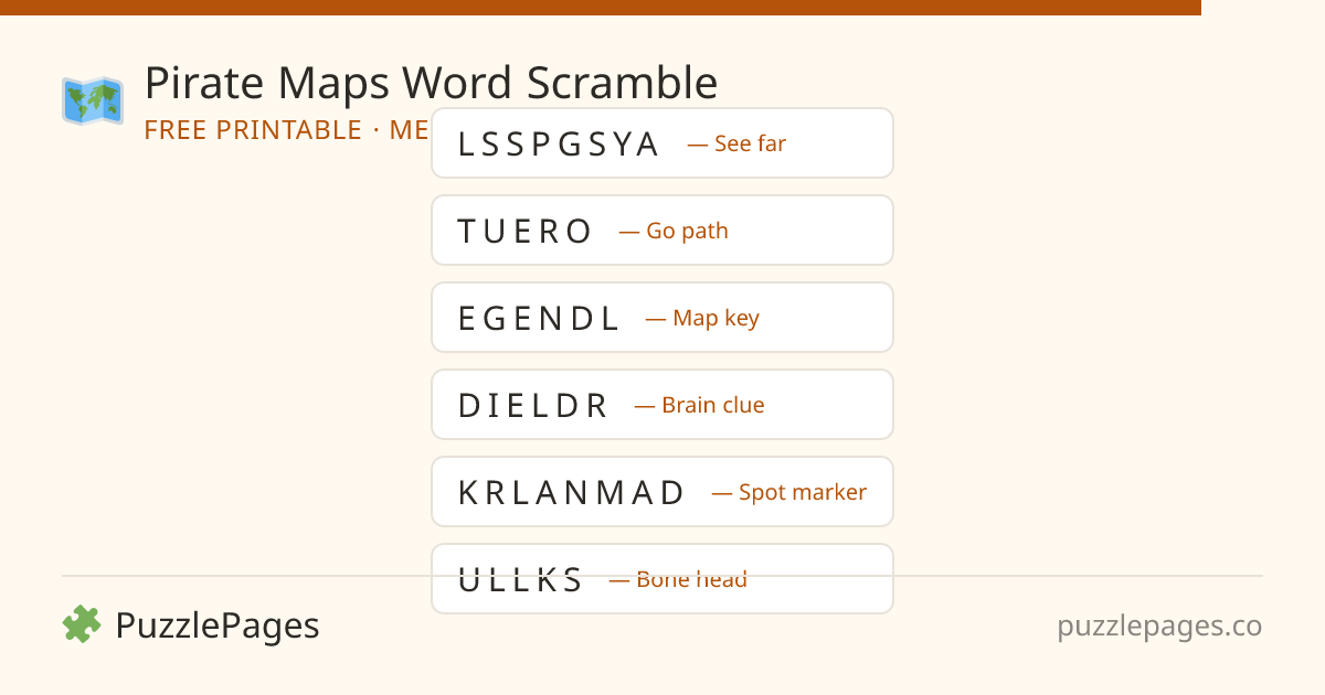 Pirate Maps Medium printable word scramble preview — free to print from PuzzlePages