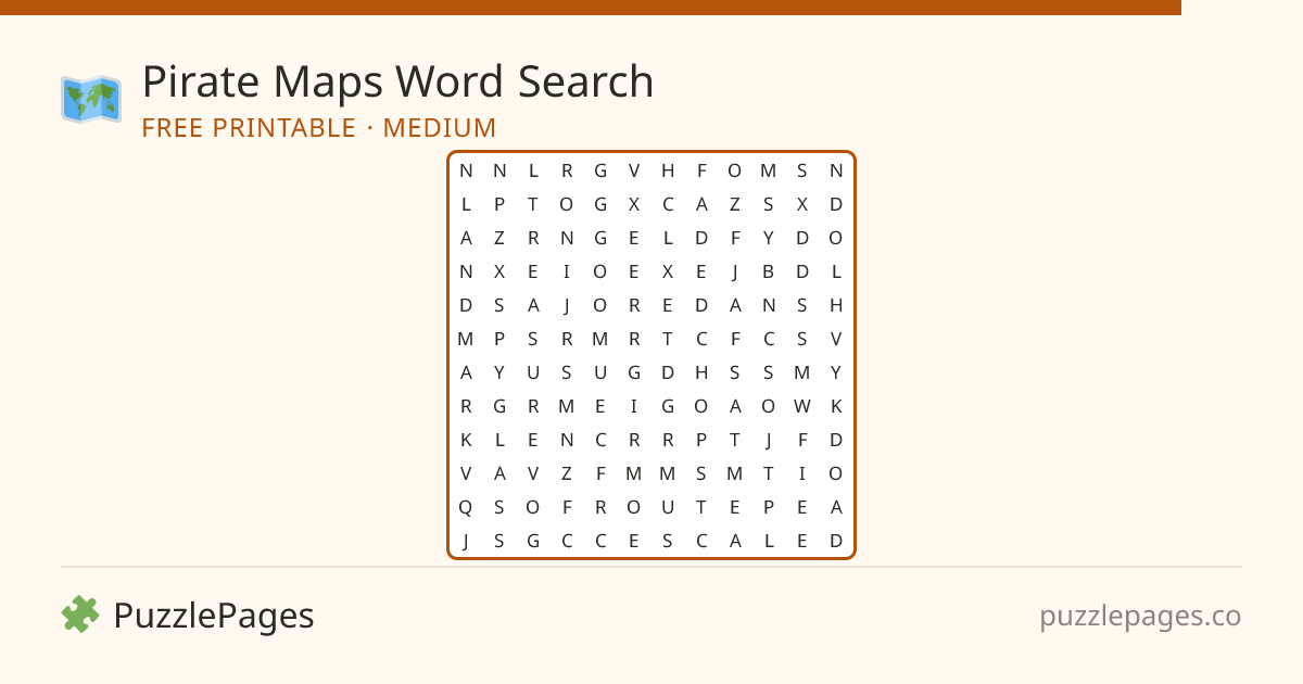 Pirate Maps Medium printable word search preview — free to print from PuzzlePages