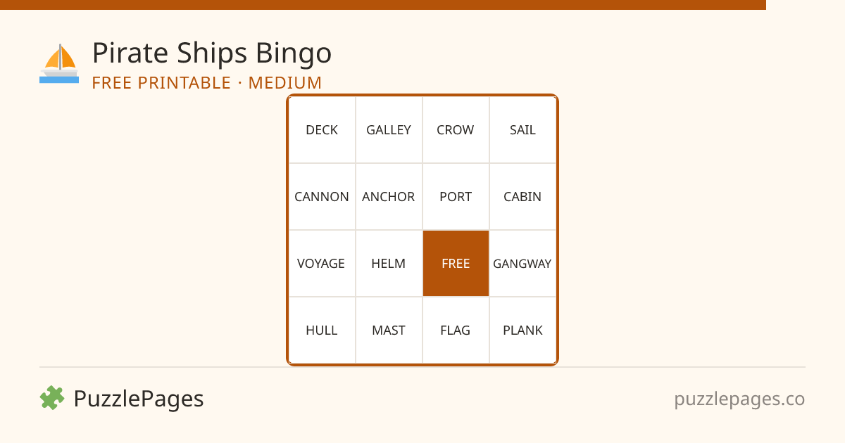 Pirate Ships Medium printable bingo preview — free to print from PuzzlePages