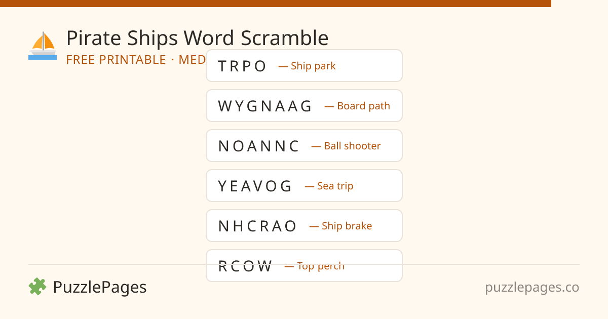Pirate Ships Medium printable word scramble preview — free to print from PuzzlePages