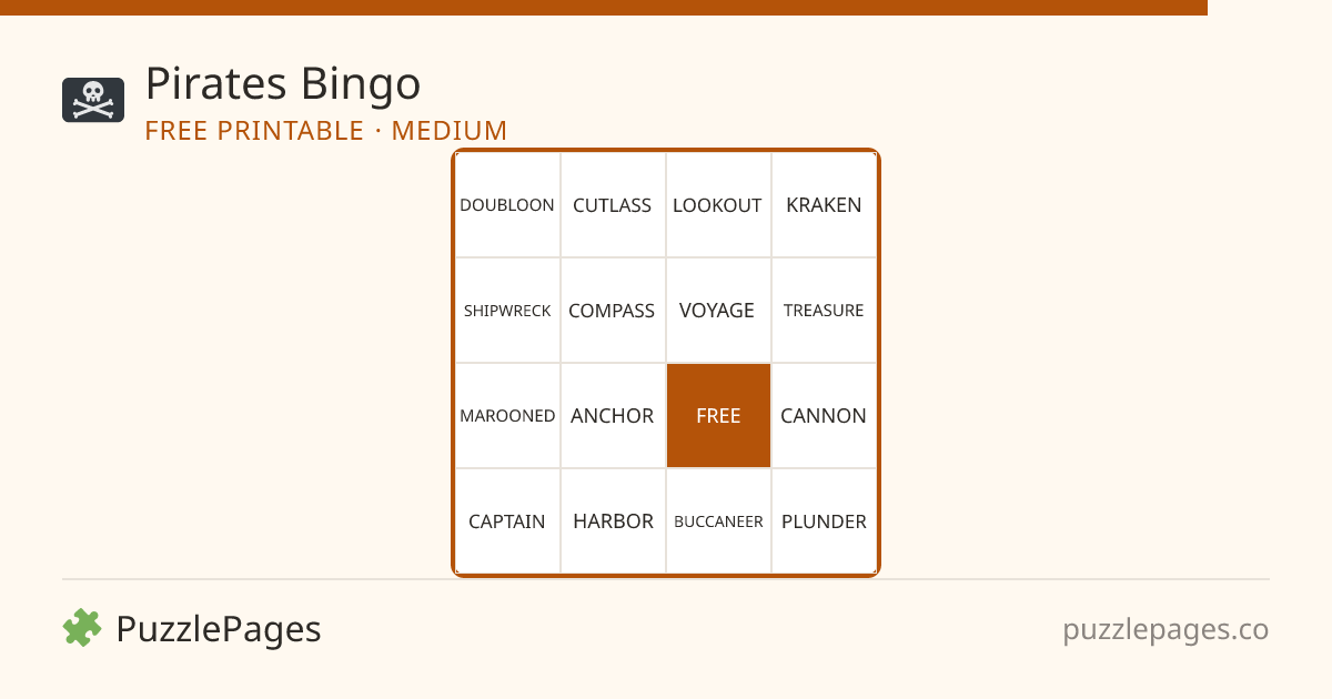 Pirates Medium printable bingo preview — free to print from PuzzlePages