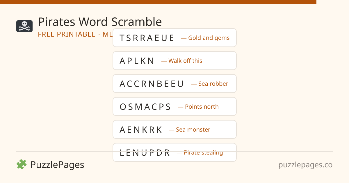 Pirates Medium printable word scramble preview — free to print from PuzzlePages