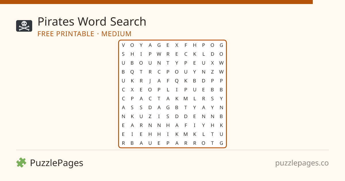 Pirates Medium printable word search preview — free to print from PuzzlePages