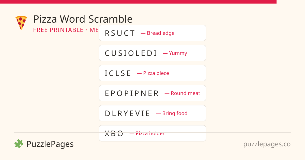 Pizza Medium printable word scramble preview — free to print from PuzzlePages