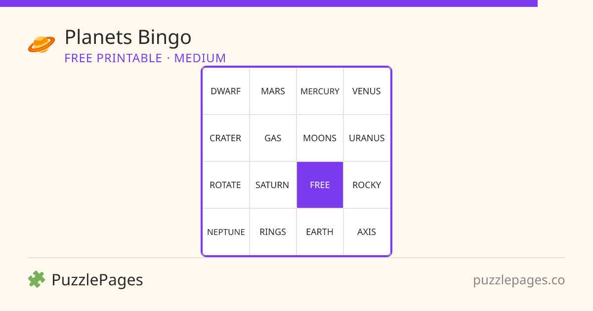 Planets Medium printable bingo preview — free to print from PuzzlePages