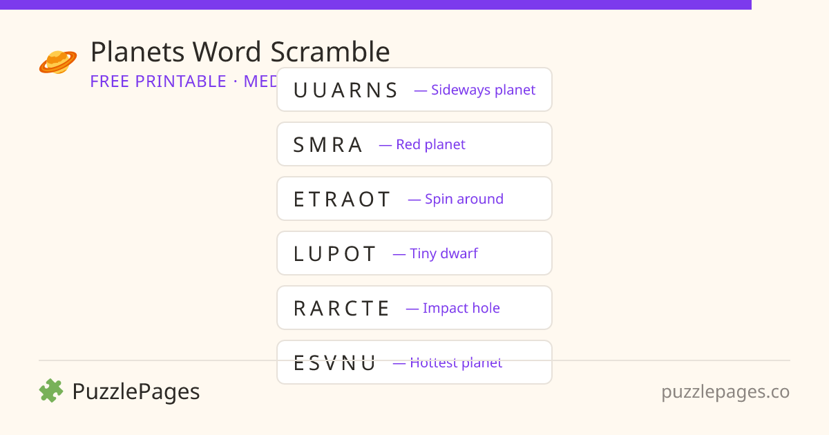 Planets Medium printable word scramble preview — free to print from PuzzlePages