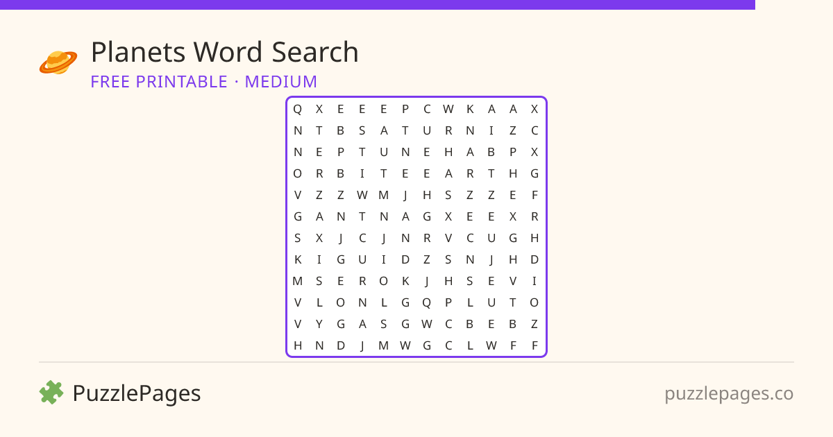 Planets Medium printable word search preview — free to print from PuzzlePages