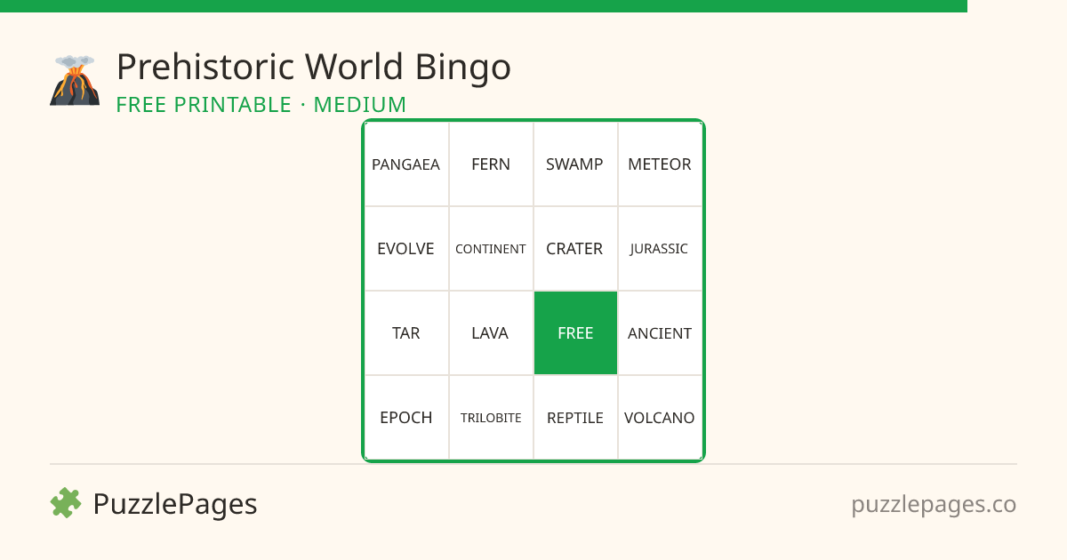 Prehistoric World Medium printable bingo preview — free to print from PuzzlePages