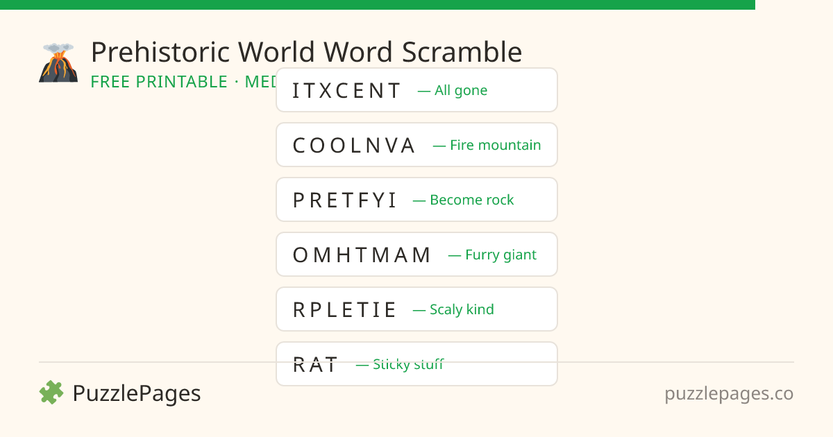 Prehistoric World Medium printable word scramble preview — free to print from PuzzlePages