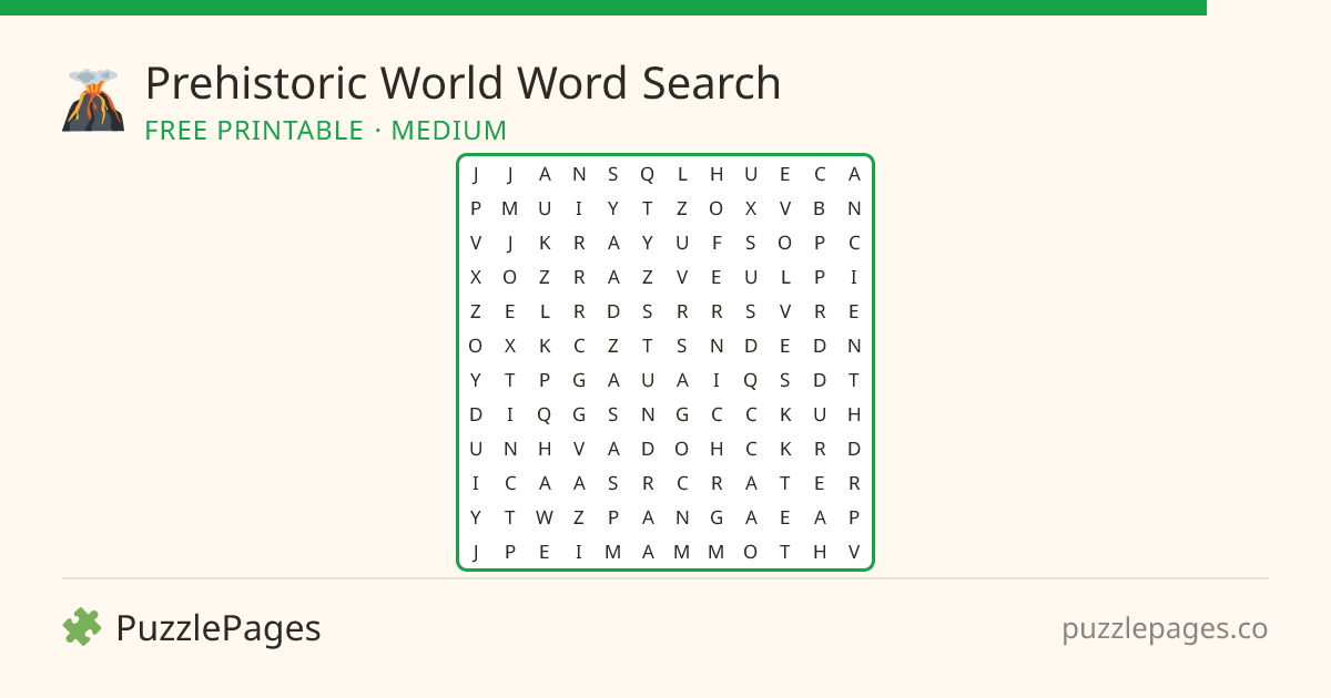 Prehistoric World Medium printable word search preview — free to print from PuzzlePages