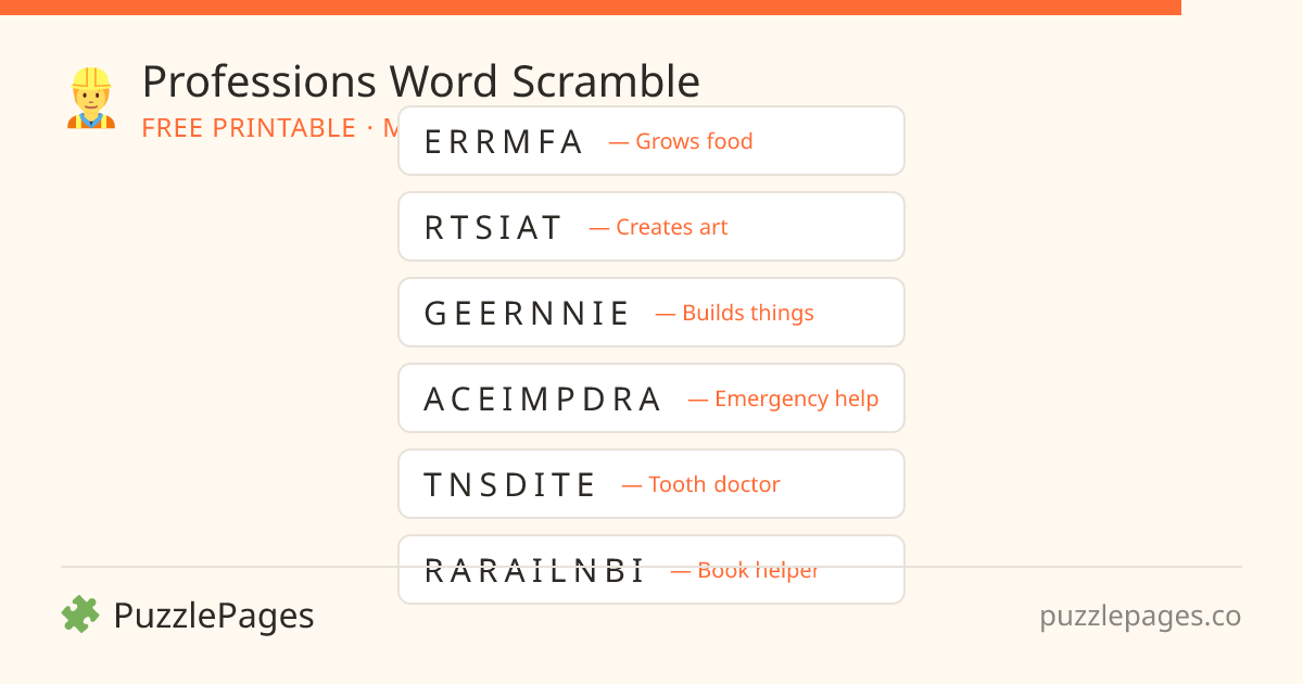Professions Medium printable word scramble preview — free to print from PuzzlePages