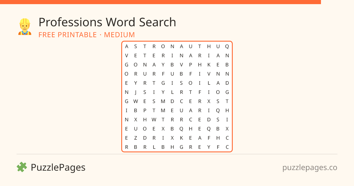 Professions Medium printable word search preview — free to print from PuzzlePages