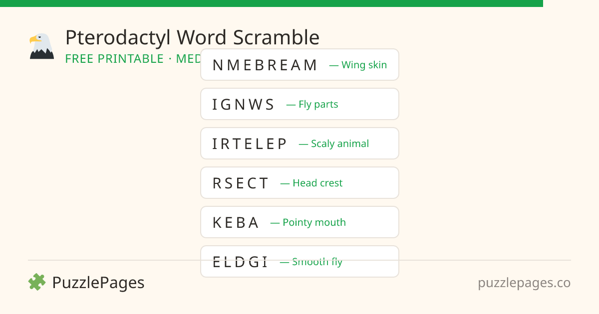 Pterodactyl Medium printable word scramble preview — free to print from PuzzlePages