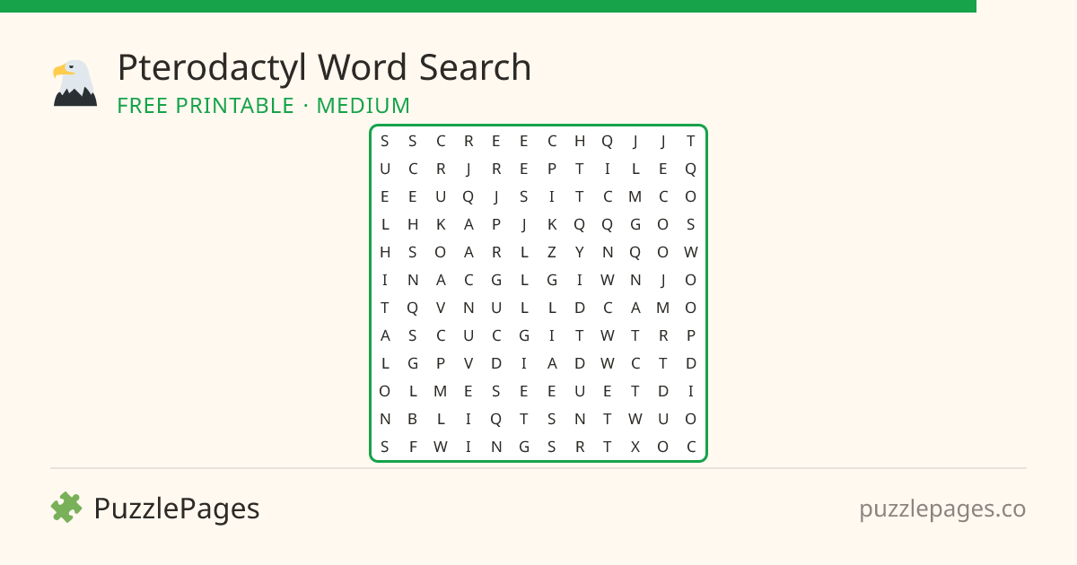 Pterodactyl Medium printable word search preview — free to print from PuzzlePages