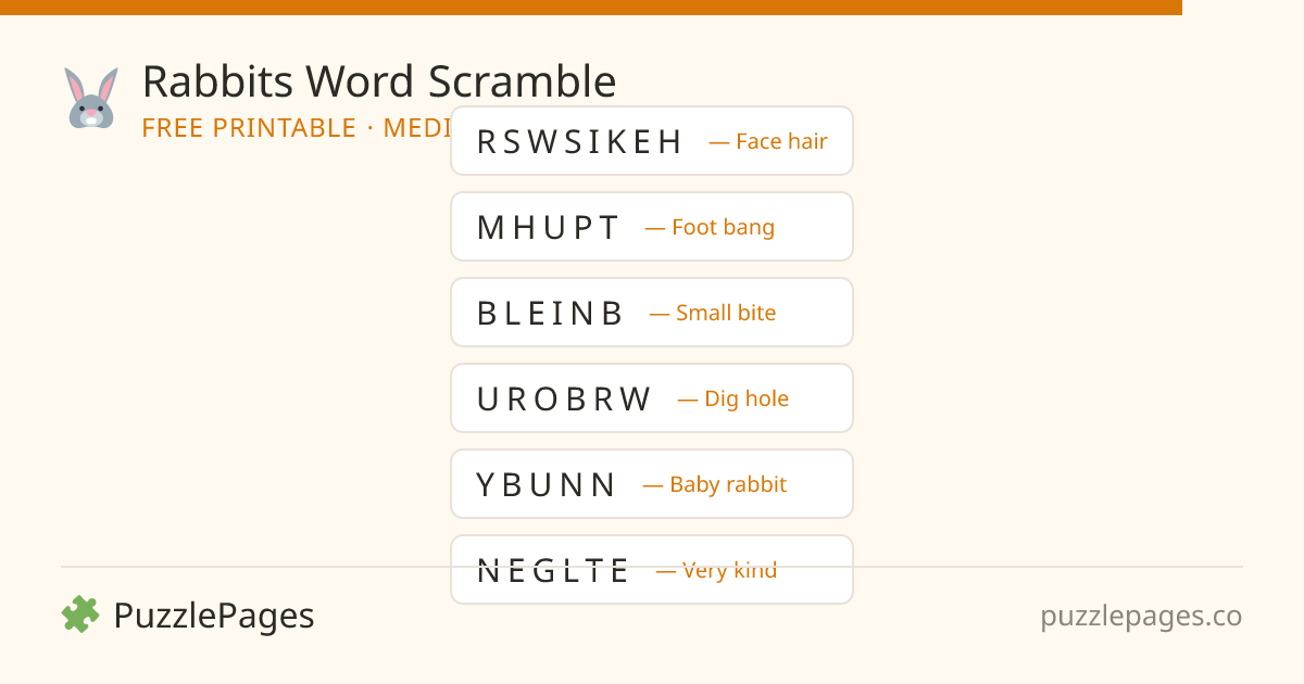 Rabbits Medium printable word scramble preview — free to print from PuzzlePages
