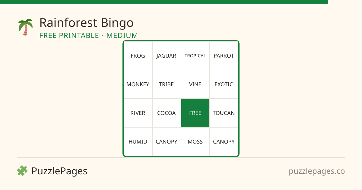 Rainforest Medium printable bingo preview — free to print from PuzzlePages