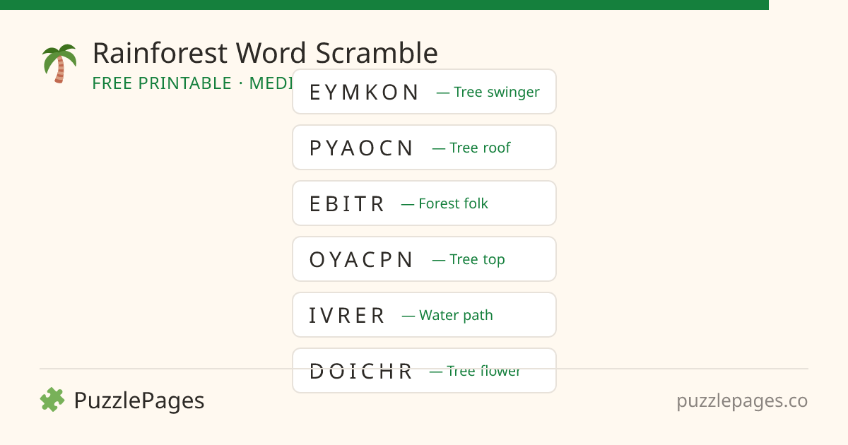 Rainforest Medium printable word scramble preview — free to print from PuzzlePages