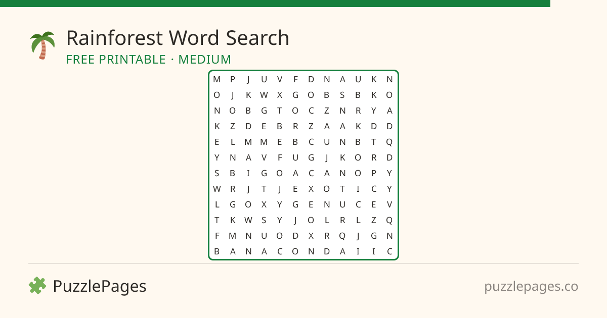 Rainforest Medium printable word search preview — free to print from PuzzlePages