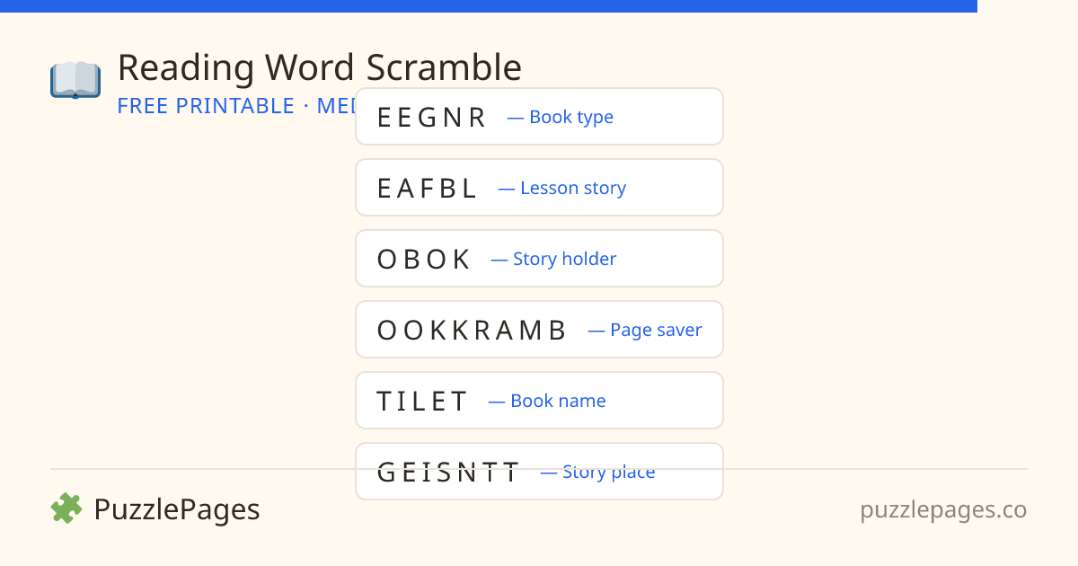 Reading Medium printable word scramble preview — free to print from PuzzlePages
