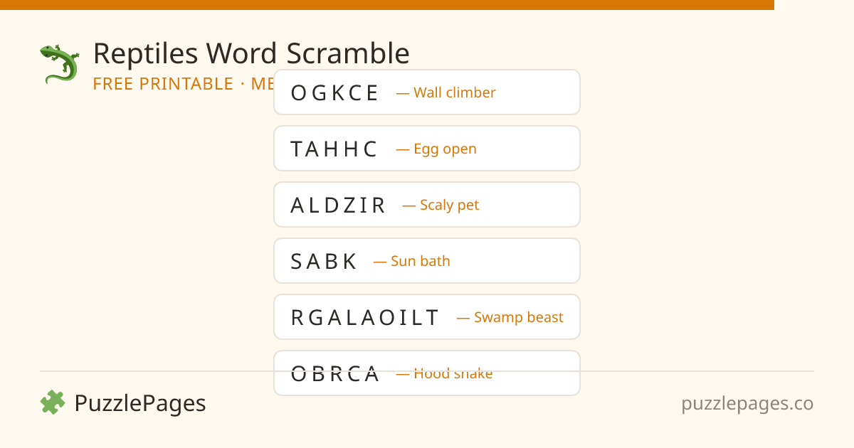 Reptiles Medium printable word scramble preview — free to print from PuzzlePages