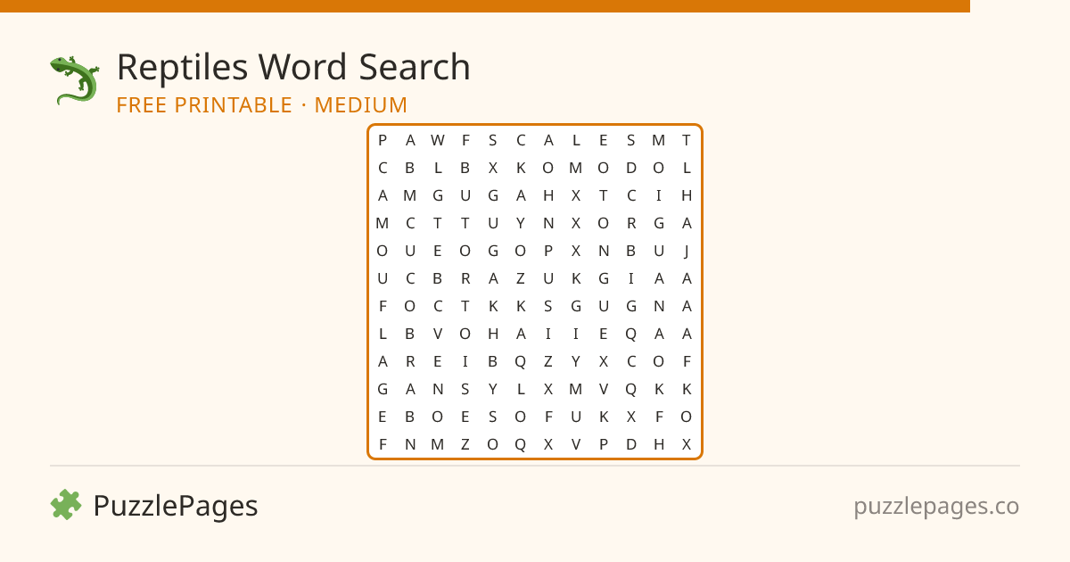 Reptiles Medium printable word search preview — free to print from PuzzlePages