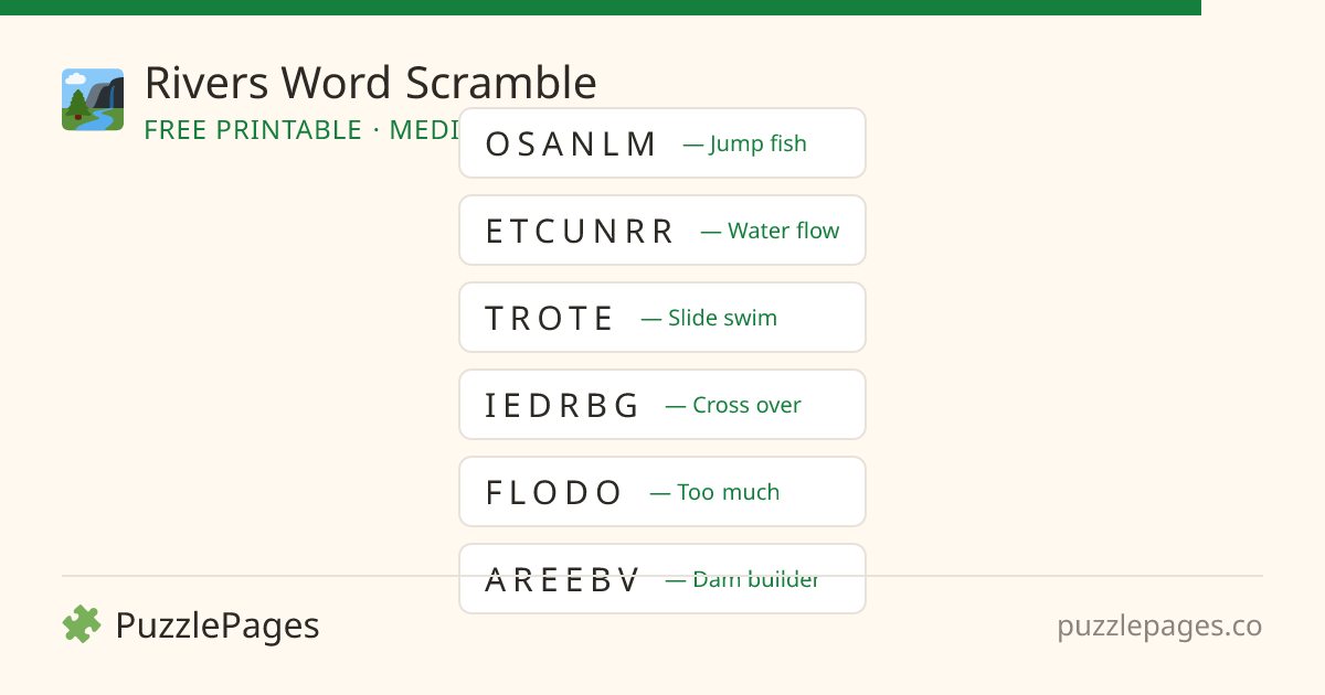 Rivers Medium printable word scramble preview — free to print from PuzzlePages