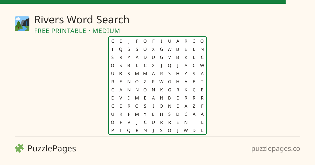 Rivers Medium printable word search preview — free to print from PuzzlePages