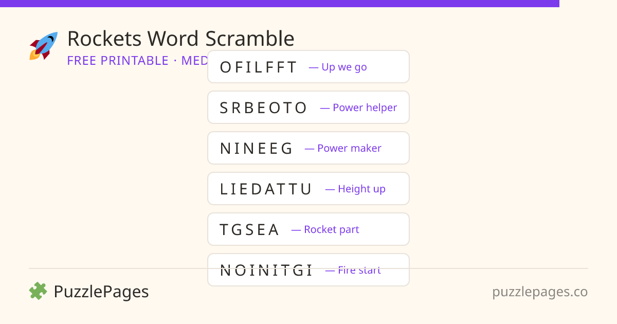 Rockets Medium printable word scramble preview — free to print from PuzzlePages