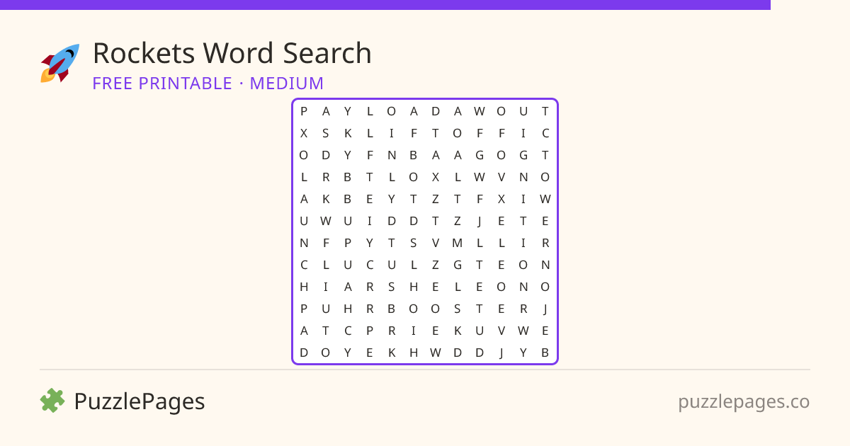 Rockets Medium printable word search preview — free to print from PuzzlePages