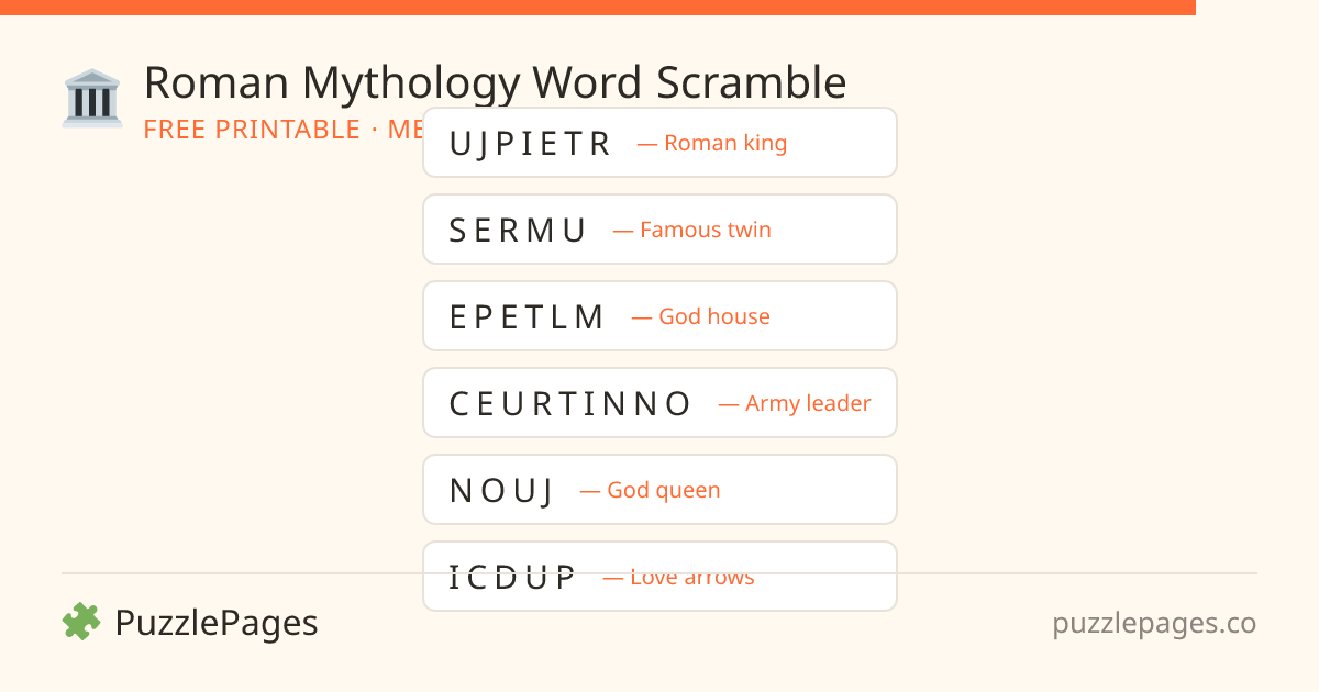Roman Mythology Medium printable word scramble preview — free to print from PuzzlePages